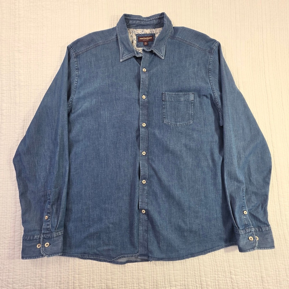 Johnston & Murphy Mens XXL Blue Denim Button Down Shirt Floral Trim Stretch